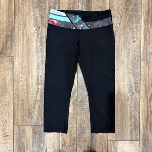 Lululemon Wunder Under Crop Leggings Black Floral Mint Green Waistband Size 6